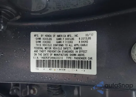 2017 Honda Accord Ex-L V6 from USA, damaged, VIN 1HGCR3F04HA030010